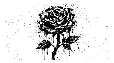 Grunge black rose vector illustration, dark ink splatter floral art, gothic blooming flower with paint drips, edgy botanical tattoo design © amna