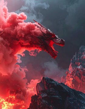 Epic Dragon Emerging from Fiery Red Clouds Over Rocky Landscape.