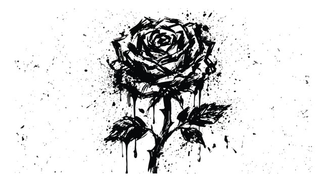 Grunge black rose vector illustration, dark ink splatter floral art, gothic blooming flower with paint drips, edgy botanical tattoo design