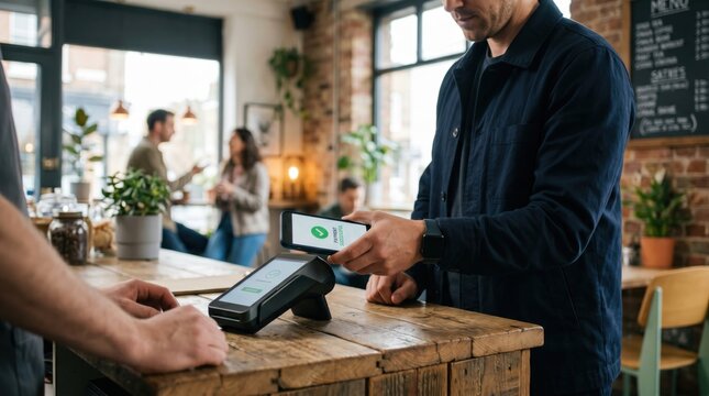 Customer making contactless payment with smartphone at cafe counter, mobile banking app, NFC transaction, digital wallet, cashless shopping experience in modern coffee shop inte...