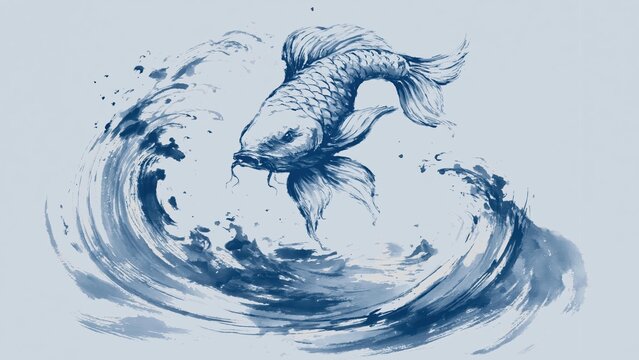 Blue ink wash painting of koi fish jumping out of stylized wave.