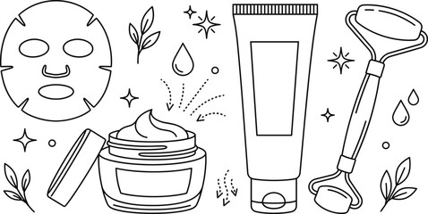 Skin care beauty cosmetics line art vector icon set with sheet mask cream jar tube jade roller elements © MDSAIFUL