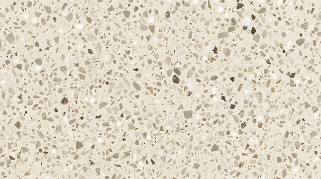 Neutral beige terrazzo surface texture with small grey brown white chips