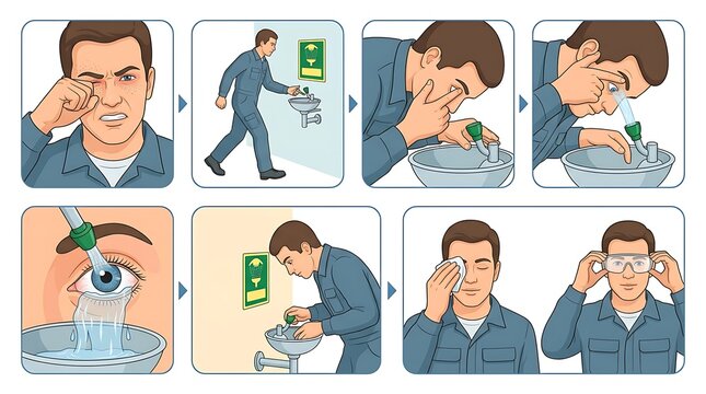 Emergency eye wash station instructions. Worker using safety equipment for eye injury.