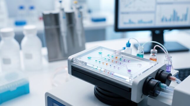 Close-up of microfluidic lab-on-a-chip device with fluid channels, used for biological analysis and chemical testing in modern science laboratory research setting