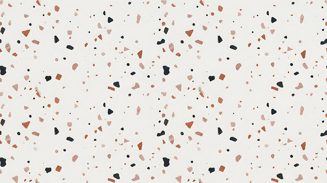 Speckled terrazzo pattern with black brown and pink chips on off white background texture