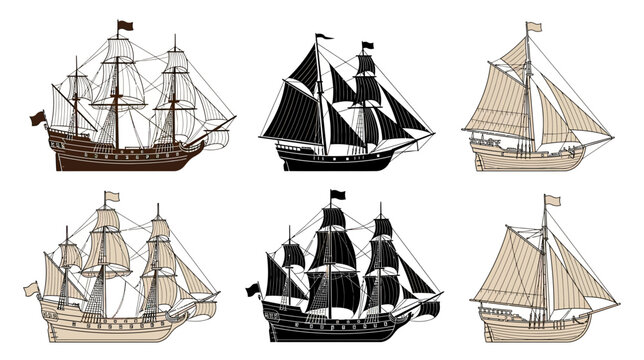 Vintage Sailing Ships Collection: Illustrations of Old Galleons and Sailboats