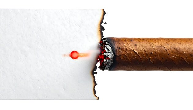 Lit cigar burning through white paper sheet causing charred edges with glowing ember and subtle rising smoke
