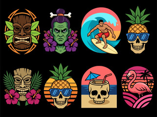 Tropical Tiki Summer Vector Set: Surfer, Flamingo, Pineapple Skulls, and Hibiscus Flowers © Daffa