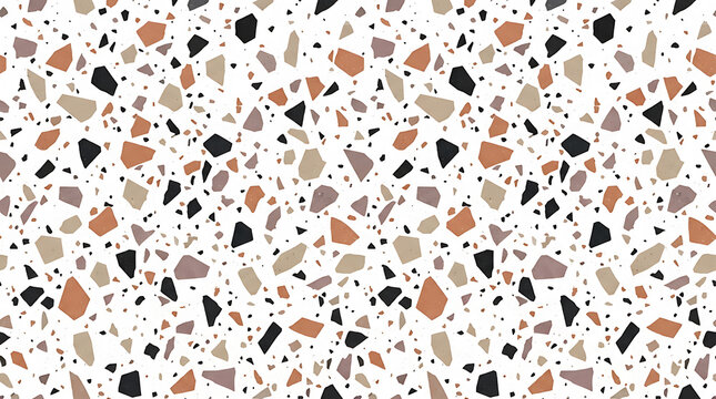 White terrazzo pattern with scattered chips of black brown tan and pink background texture