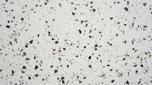 White terrazzo surface with black grey and brown stone aggregate chips background texture