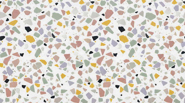 White terrazzo texture with pastel chips and scattered black background pattern