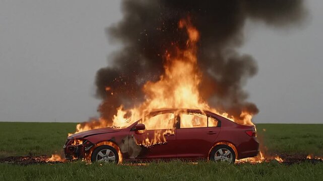 Red car engulfed in intense fire and thick black smoke in open green field flames burning