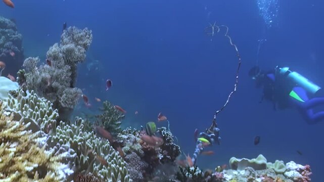 A diver gracefully swims through an exquisite coral reef at midday. Brilliant fish dart amongst colorful formations, creating a breathtaking tableau of marine life.