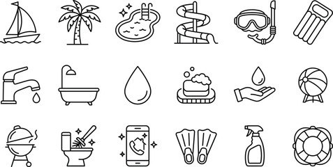 Summer vacation resort water activity line art vector icon set with boat pool slide diving mask hygiene elements © MDSAIFUL