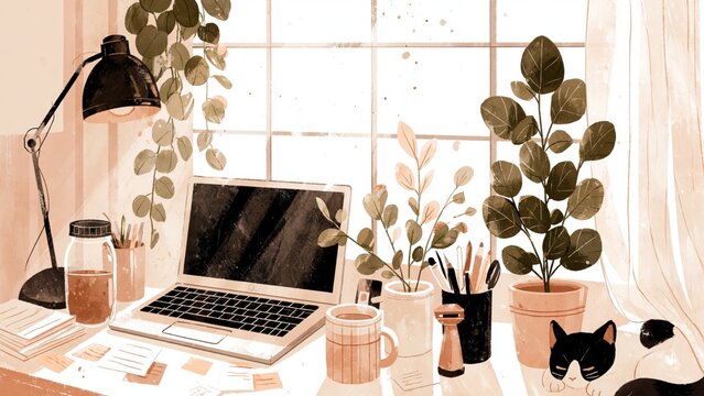 Cozy watercolor illustration of laptop desk with houseplants, coffee mug, and sleeping black and white cat.