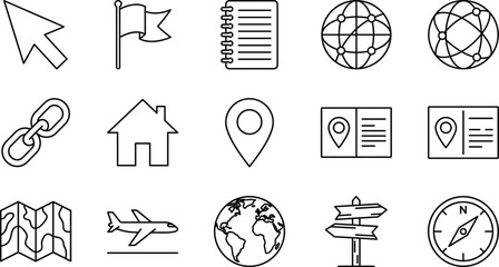 Travel navigation map location web interface line art vector icon set with globe compass airplane signpost link cursor elements © MDSAIFUL