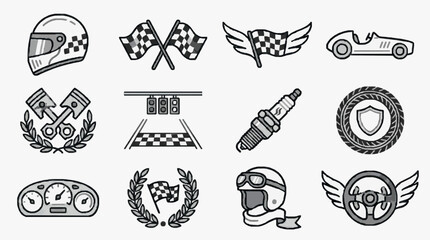 Fototapeta premium Professional Black and White Racing and Motorsport Icon Set 12 Unique Illustrations of Helmets Flags Cars Pistons and Awards