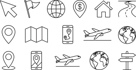 Travel navigation map location pin line art vector icon set with airplane globe smartphone road signpost home elements © MDSAIFUL