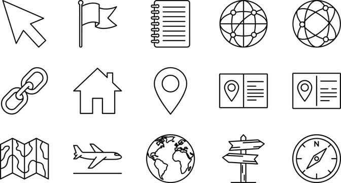 Travel navigation map location web interface line art vector icon set with globe compass airplane signpost link cursor elements