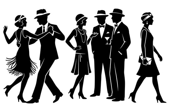 Black silhouettes of six figures in 1920s fashion, symbolizing elegance, nightlife, and cultural vibrancy of the Roaring Twenties in bold vector art.