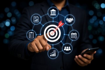 Fototapeta premium Businessman touching a digital target icon for business goal and strategy planning