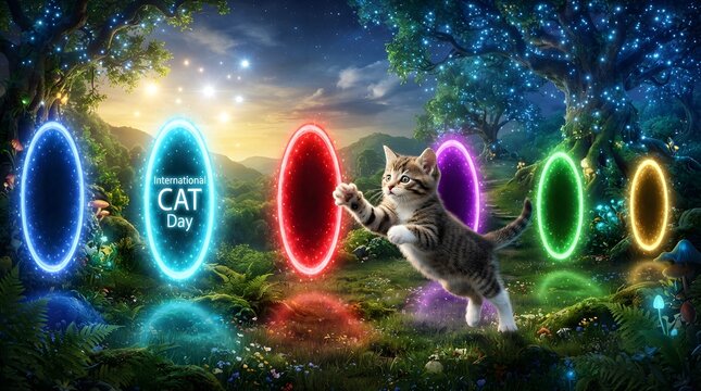 Fantasy illustration of a cat leaping through a magical portal for international