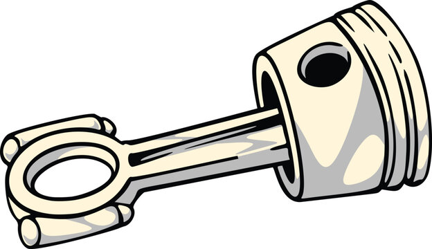 Stylized cartoon engine piston with connecting rod, cream metal body, black outline, and angled perspective, isolated on white in clean retro vector illustration style