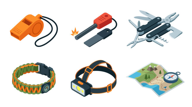 Collection of isometric camping and outdoor adventure gear, survival tools, and navigation aids on a white background