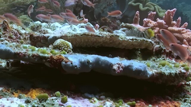 A scorpionfish masterfully blends with the vibrant coral reef. Small fish swim nearby, unaware of the hidden predator. The ocean's depths reveal a creature's incredible natural camouflage.