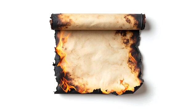 Old burnt paper scroll with charred edges and glowing fire flames isolated on a clean white background