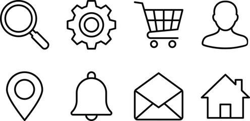 Web essential user interface line art vector icon set with search gear shopping cart profile pin bell elements © MDSAIFUL