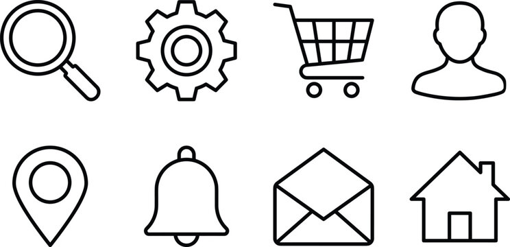 Web essential user interface line art vector icon set with search gear shopping cart profile pin bell elements