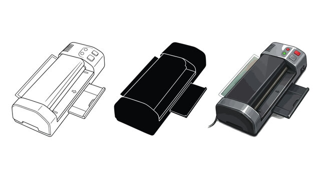 Three different artistic representations of a modern office laminator featuring a clear line drawing a solid black silhouette and a detailed colored digital illustration style graphic