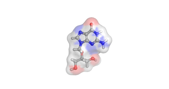 Valacyclovir, antiviral prodrug for herpes simplex and varicella zoster infections, 3D molecule 4K