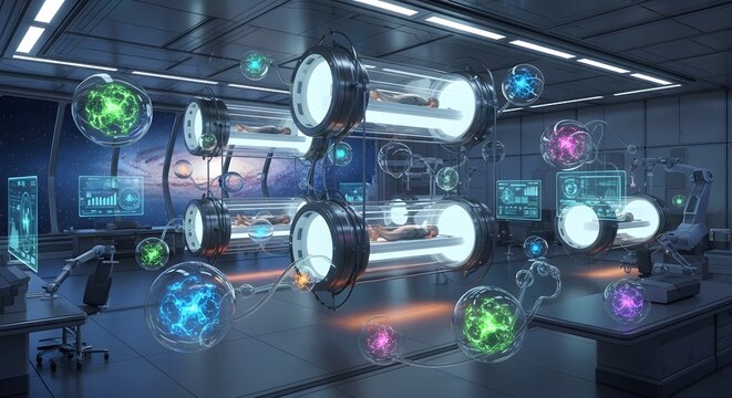 Advanced Scientific Laboratory Featuring Futuristic Biotech Research Equipment and Glowing Molecular Data Visualization