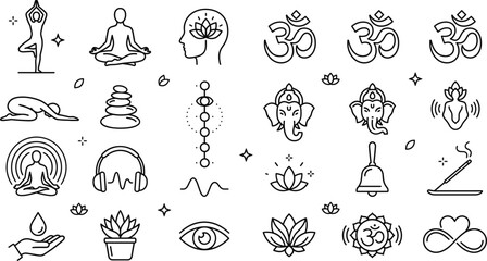 Yoga meditation line art vector icon set with om symbol ganesha lotus chakra mindfulness zen spiritual design elements © MDSAIFUL