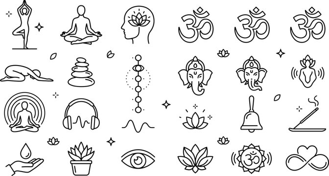 Yoga meditation line art vector icon set with om symbol ganesha lotus chakra mindfulness zen spiritual design elements