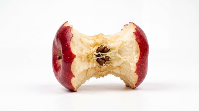Eaten red apple core with seeds