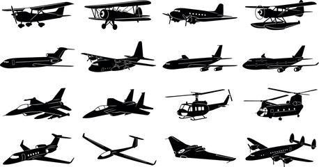 Airplane and Helicopter Silhouette Icon Set Featuring Military Jets, Commercial Airliners, Helicopters, Gliders, Biplanes, Propeller Aircraft, and Private Business Vector Graphics © MstAfrinaAkter