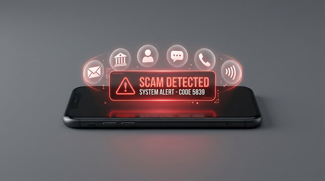 Black smartphone displaying red scam alert notification with mobile technology desig