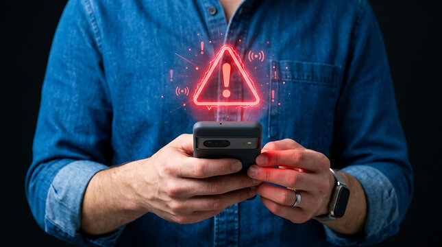 Hands holding smartphone displaying glowing red warning alert notification symbol mobile