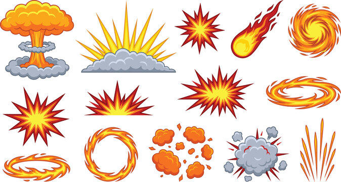 Cartoon Comic Book Explosion and Fire FX Set with Mushroom Cloud Starbursts Comet Fireball and Smoke Puff Elements for Game Animation Designs