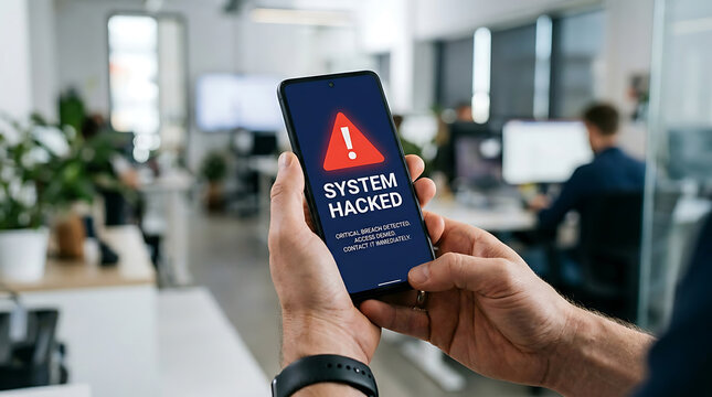 Hands holding smartphone displaying system hacked alert in office screen 1