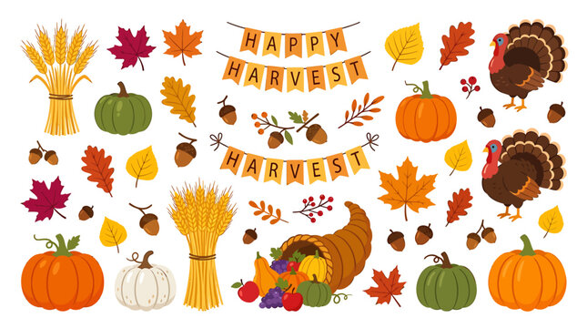 A colorful Thanksgiving harvest scene with turkeys pumpkins leaves and cornucopia of fruits and vegetables on display.