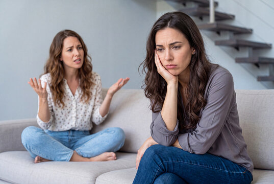 Two young women having a disagreement while sitting on a couch in the living room