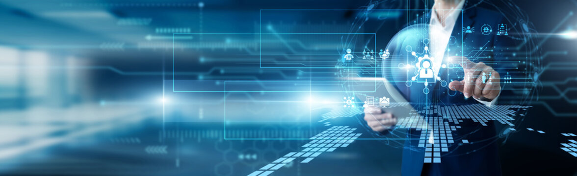 Tech manager hand hold tablet and easily touch network administration tools. Configuring server settings and monitoring local area connectivity status. Reliable infrastructure support now.