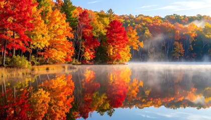 Autumn forest reflection on calm lake with vibrant foliage. © Nh
