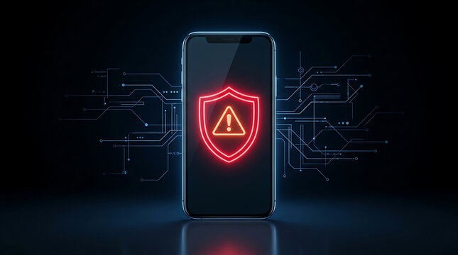 Smartphone screen red neon shield with yellow warning triangle technology digital cyber