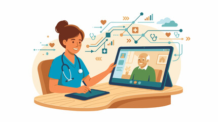 Fototapeta premium Nurse using tablet for telehealth consult with an elderly patient